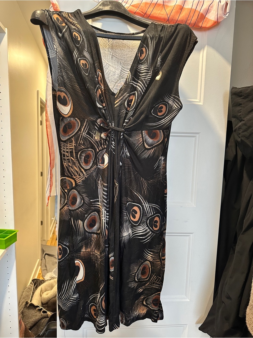 Sleeveless Black Peacock-Print Twist-Front Dress